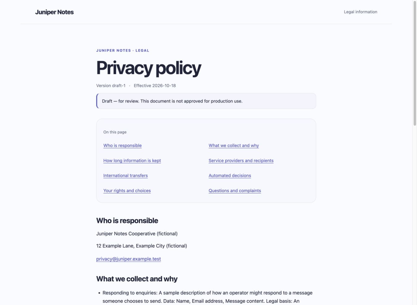 A static privacy page with native typography and clear navigation